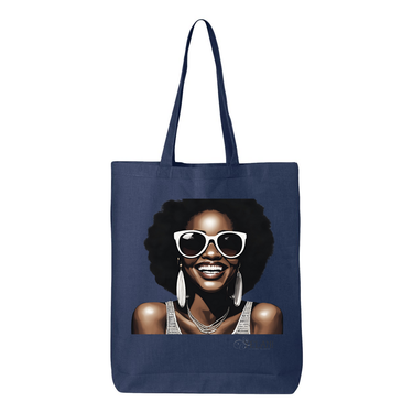 Hi There! Gusseted tote bag featuring an illustration of a beautiful woman with sunglasses and an afro.